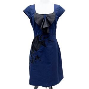 Anthropologie Navy Blue Mini Dress with Black Bow & Floral Embroidery